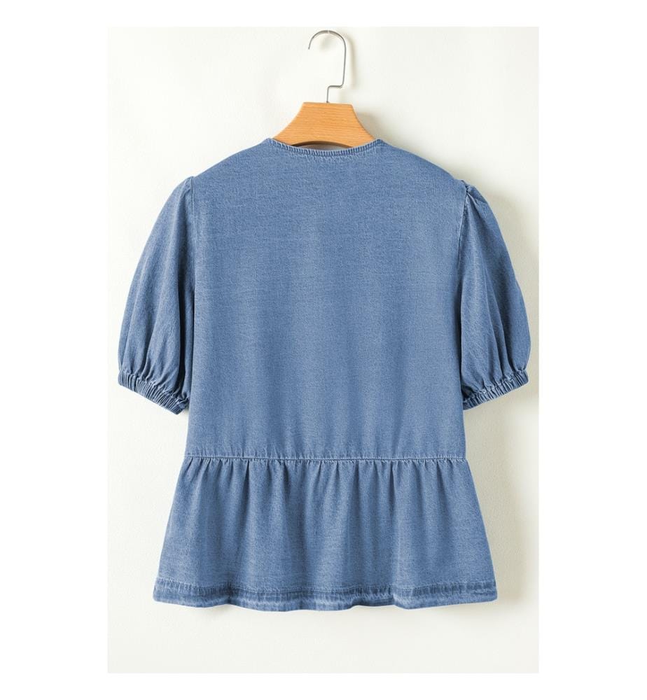 Peplum-Jeanshemd mit vorne geknoteten Puffärmeln - Dämmerungsblau
