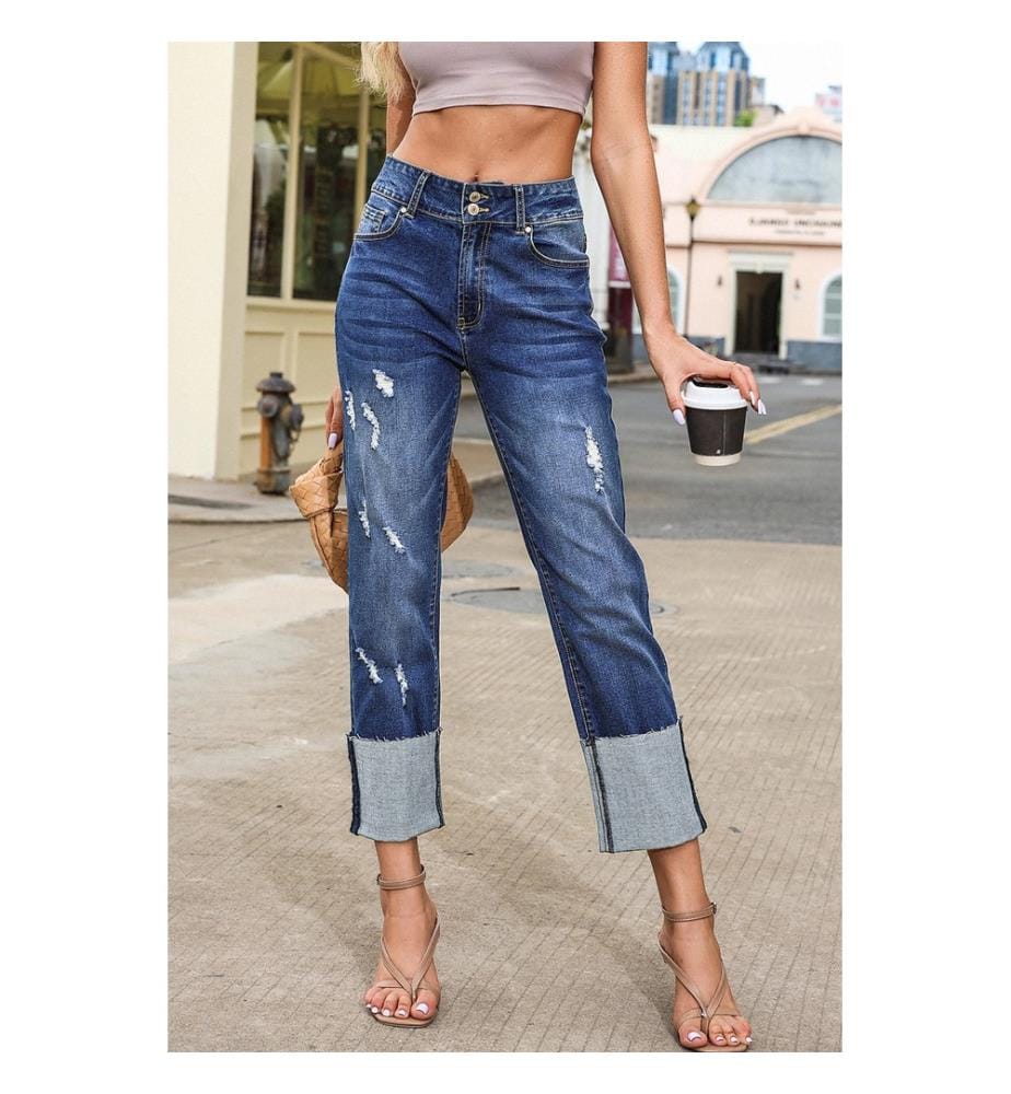 Jeans dritti a vita alta - Blu