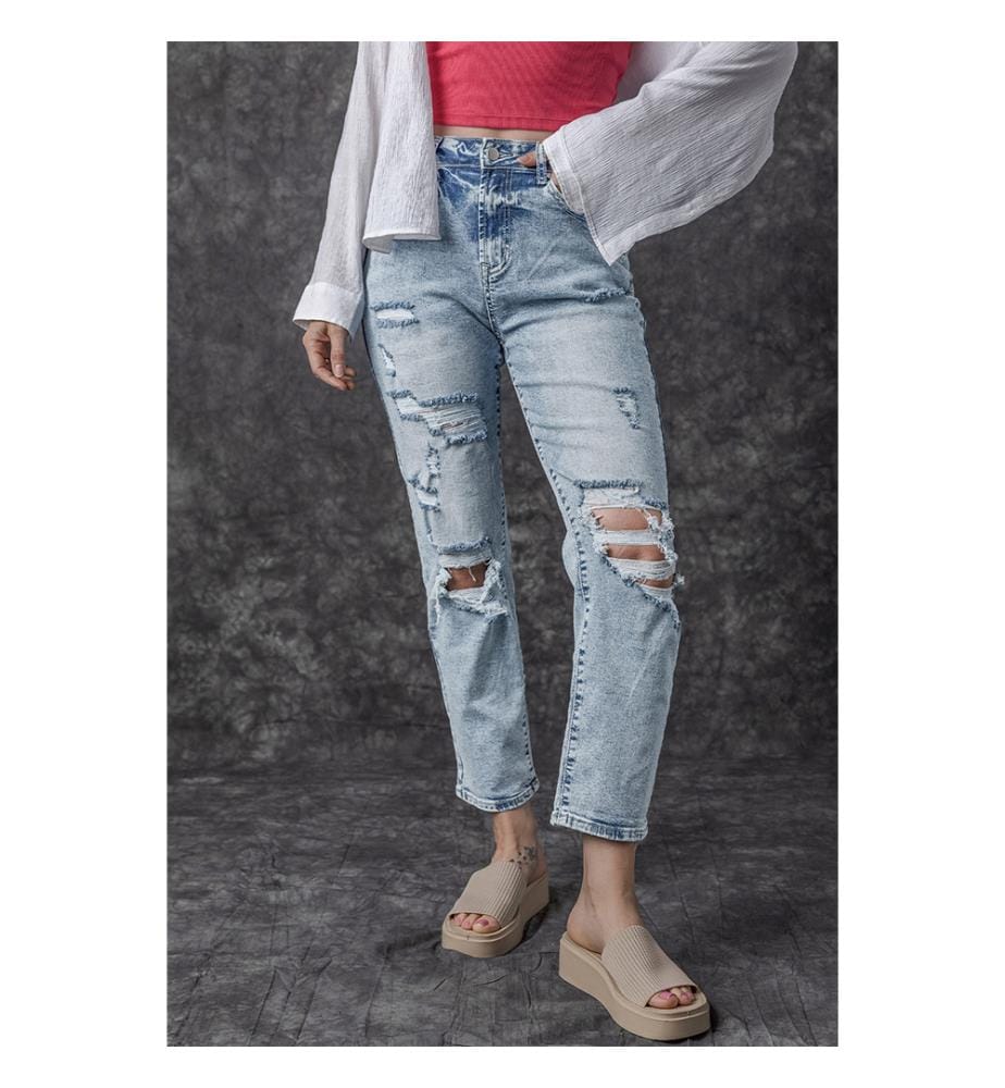 Jean coupe slim taille haute effiloché bleu ciel délavé clair - Sky Blue