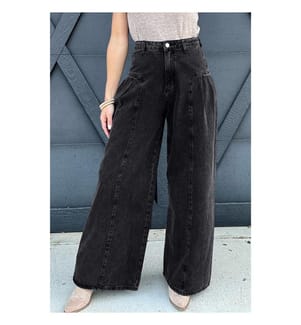 Pantaloni in denim grigio scuro con gamba larga plissettata e lavaggio minerale - Grigio scuro