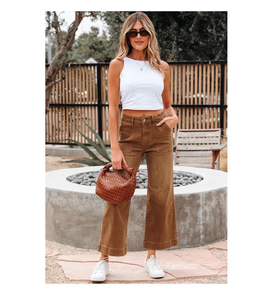 Weite Jeans mit hoher Taille - grün