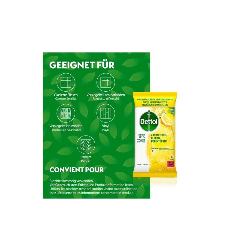 DETTOL - Chiffons humides pour le sol Citron & citron vert 15 pièces
