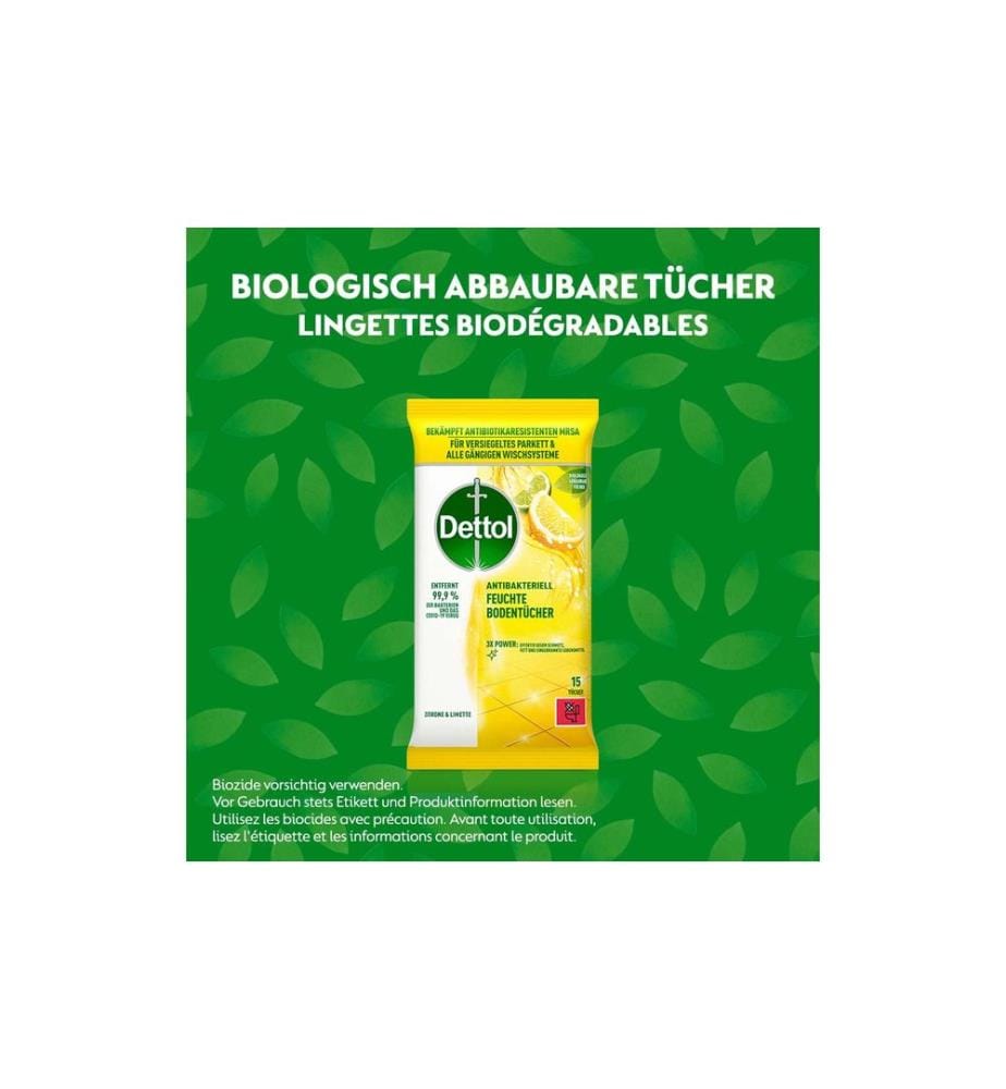 DETTOL - Chiffons humides pour le sol Citron & citron vert 15 pièces