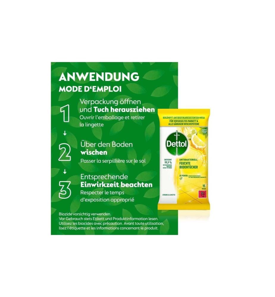 DETTOL - Chiffons humides pour le sol Citron & citron vert 15 pièces