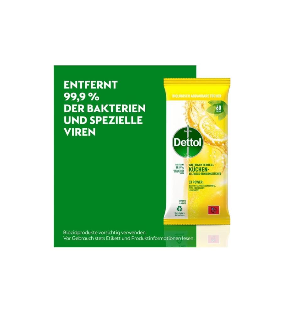 DETTOL - Lingettes nettoyantes universelles pour la cuisine Lime & Menthe 60 pièces