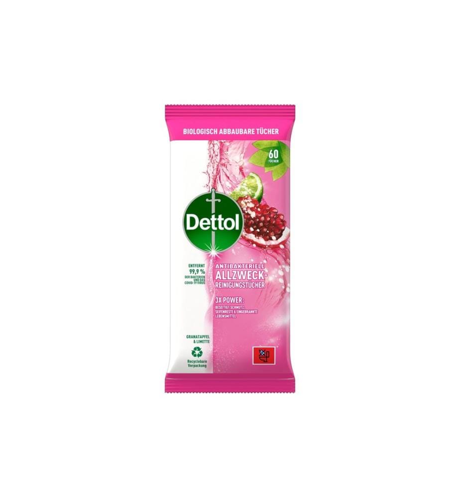 DETTOL - Lingettes nettoyantes multi-usages Grenade & Citron vert 60 pièces