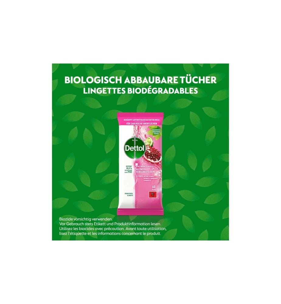 DETTOL - Lingettes nettoyantes multi-usages Grenade & Citron vert 60 pièces
