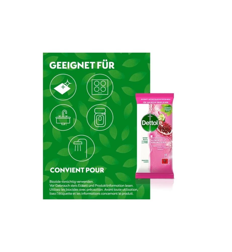 DETTOL - Lingettes nettoyantes multi-usages Grenade & Citron vert 60 pièces
