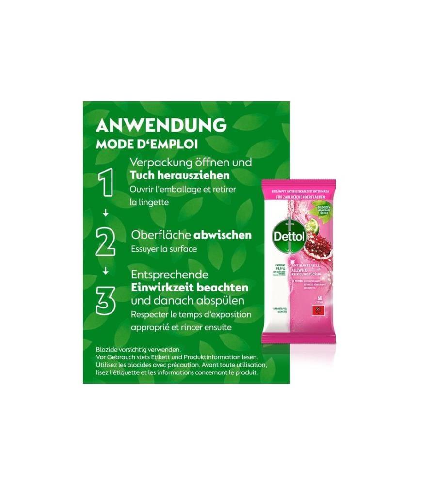 DETTOL - Lingettes nettoyantes multi-usages Grenade & Citron vert 60 pièces
