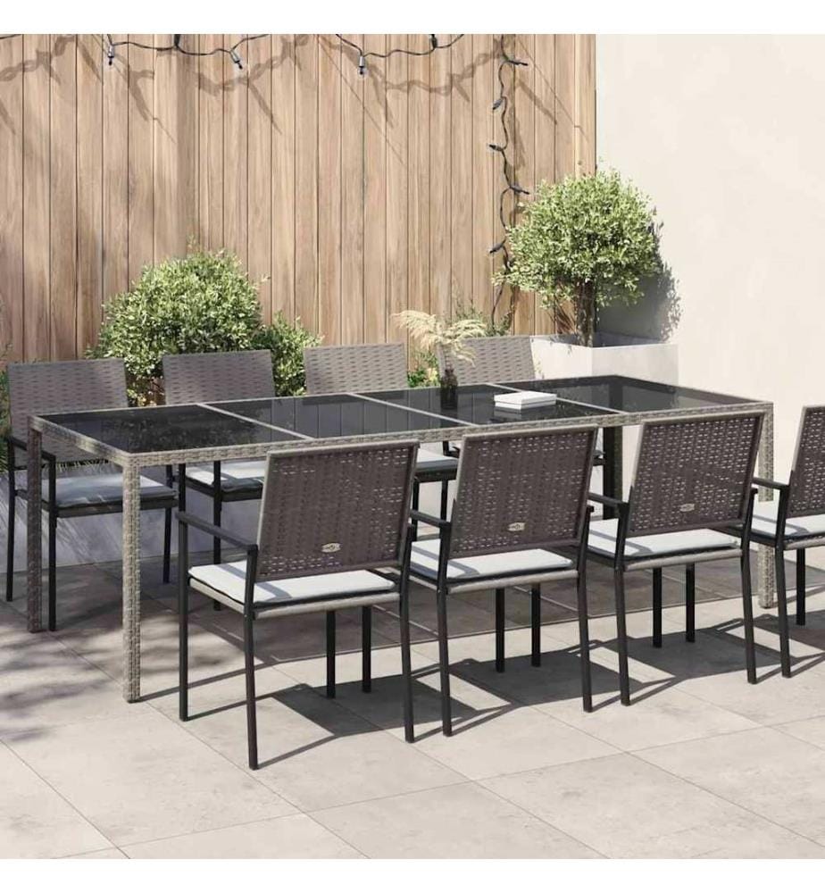 Garden Table Grey 250x100x75 cm Tempered Glass and Poly Rattan