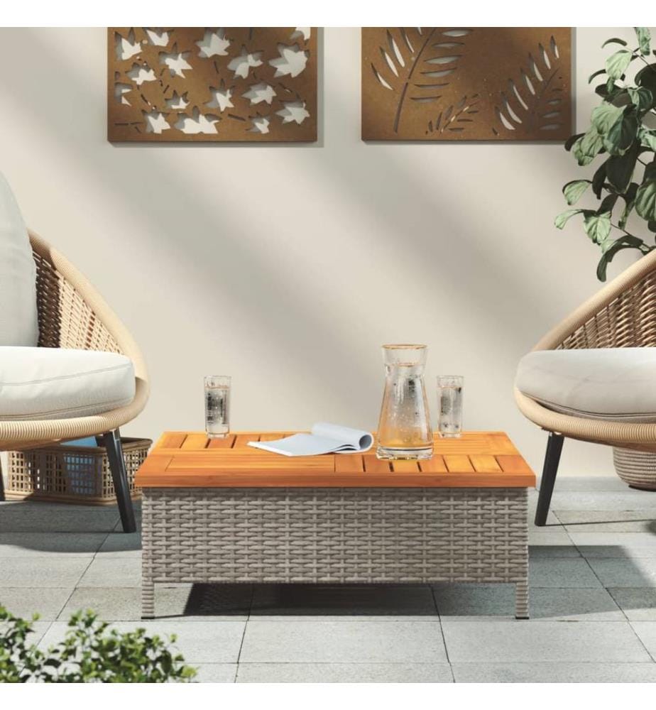 Garden table grey 70x70x25 cm woven resin and acacia wood