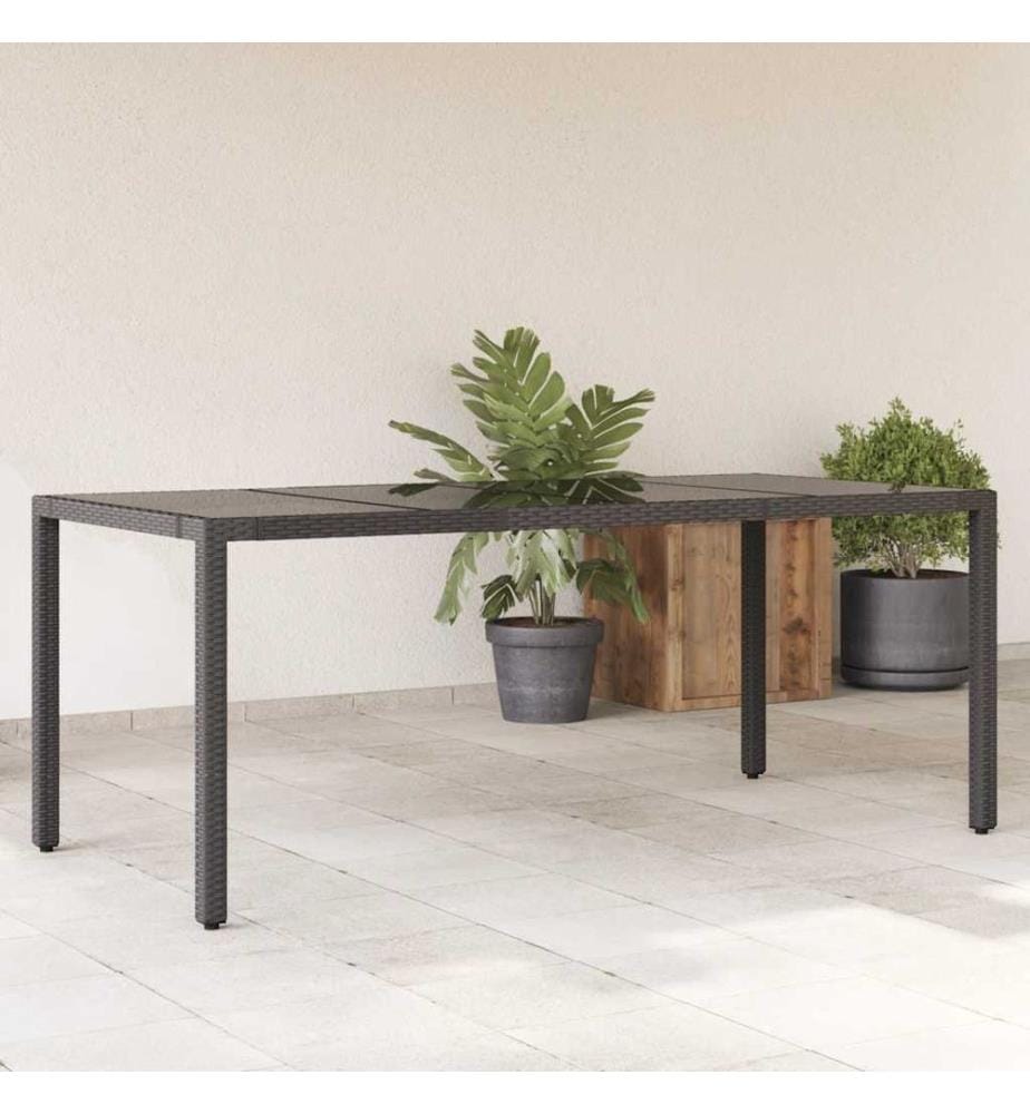 Garden table with glass top Black 190x90x75cm Woven resin