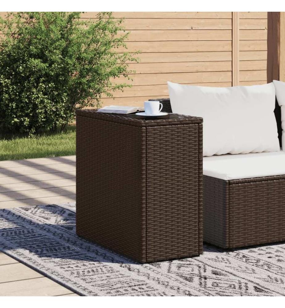 Garden side table with glass top brown rattan