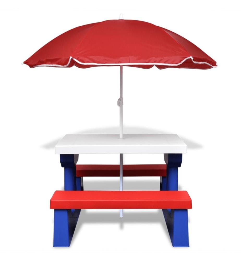 Picnic table and benches with parasol for children