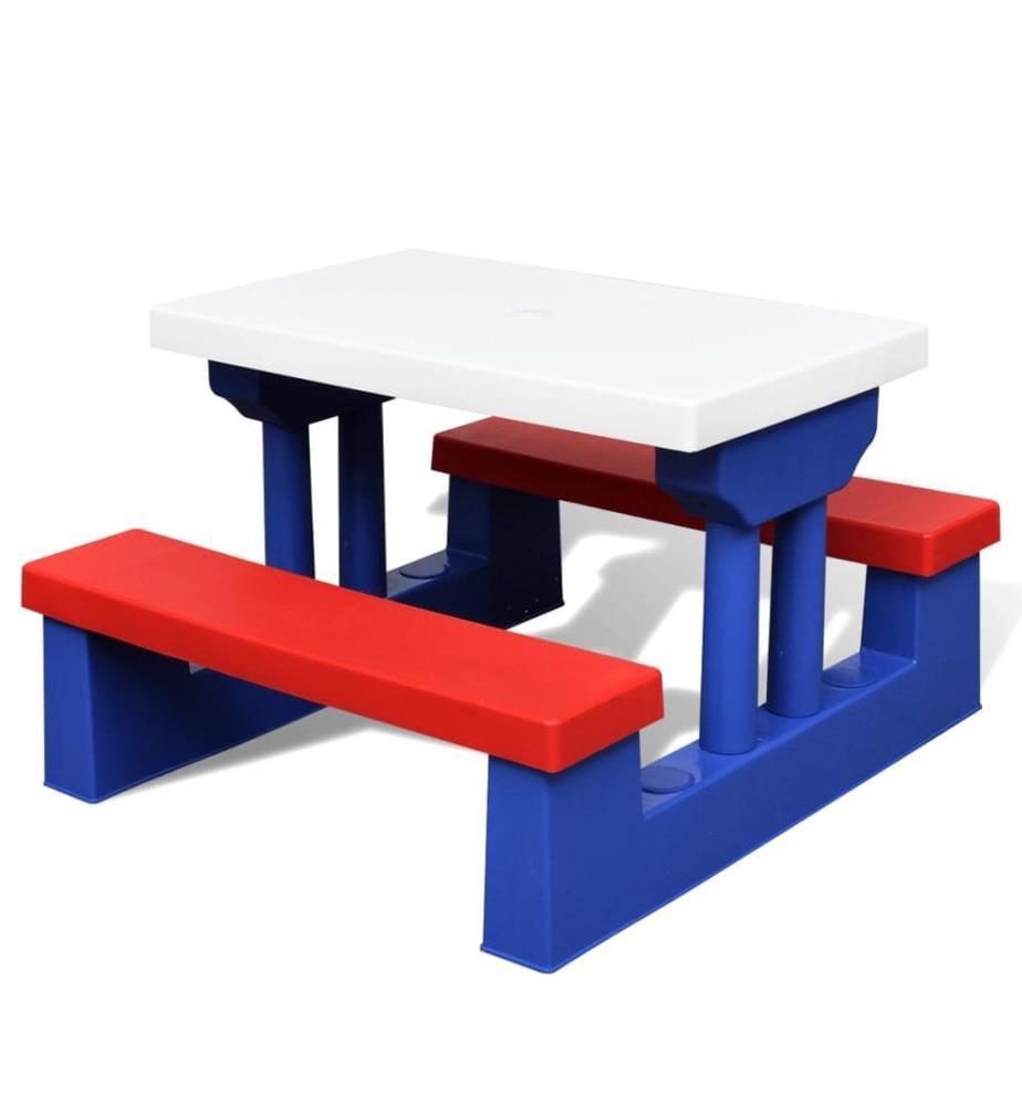 Picnic table and benches with parasol for children