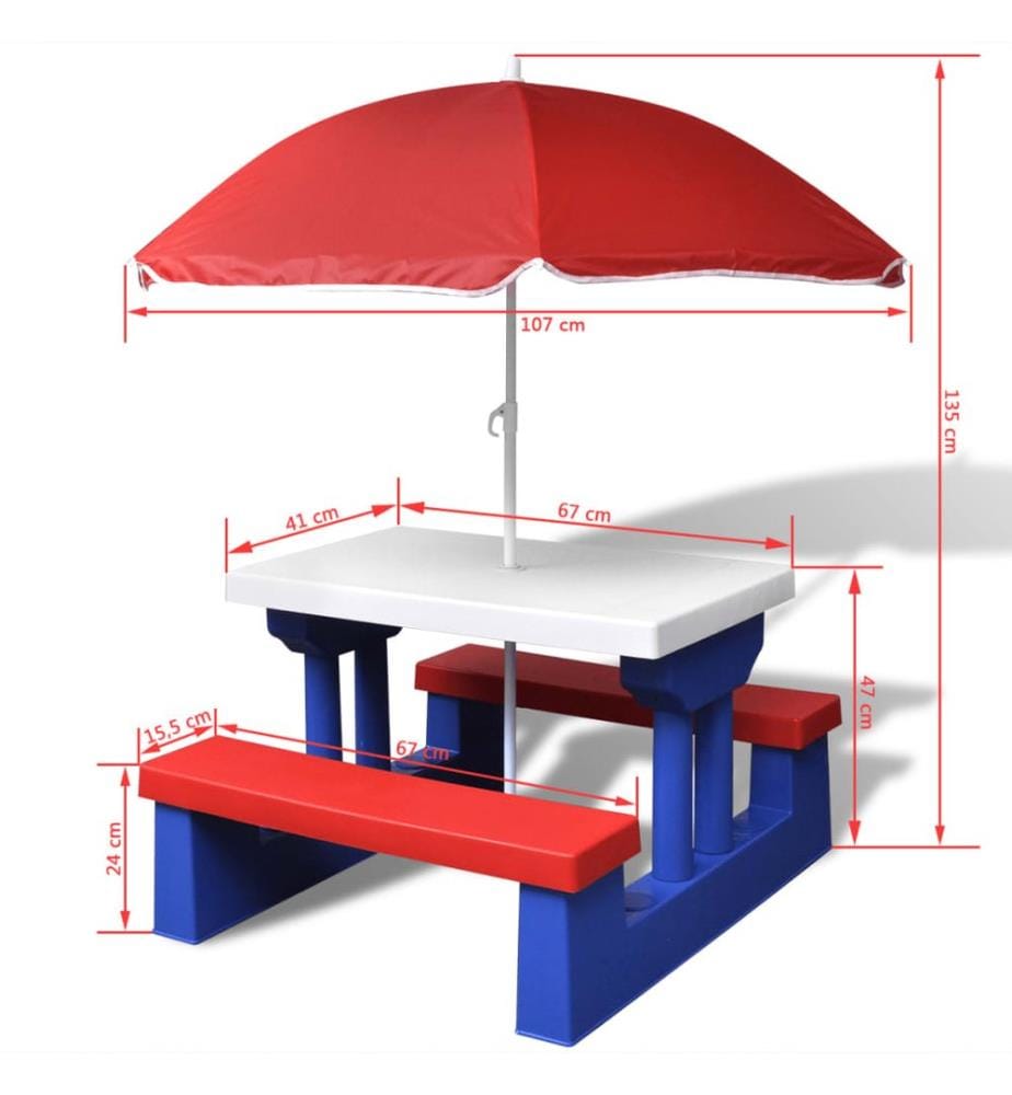 Picnic table and benches with parasol for children