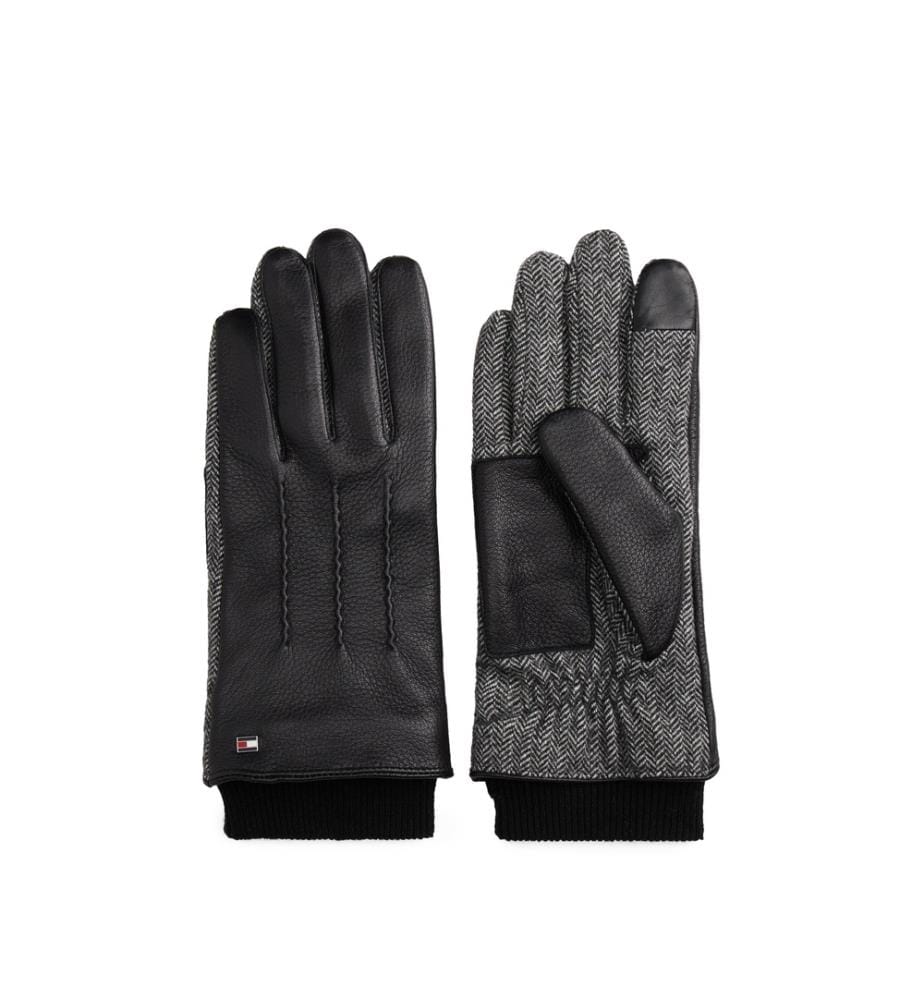 Herringbone Leather Gloves with Tactile Finger - Black and Grey