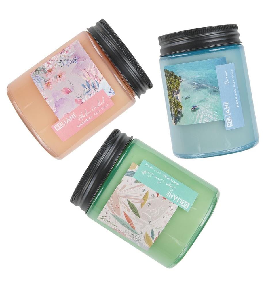Set di 3 Candele Profumate FRUITY BLOOM Cera di Soia Note fresche Note floreali