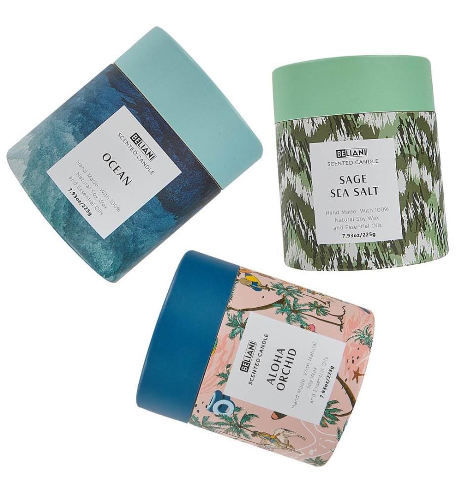 Set di 3 Candele Profumate COLORFUL BARREL Cera di Soia Note fresche Note floreali