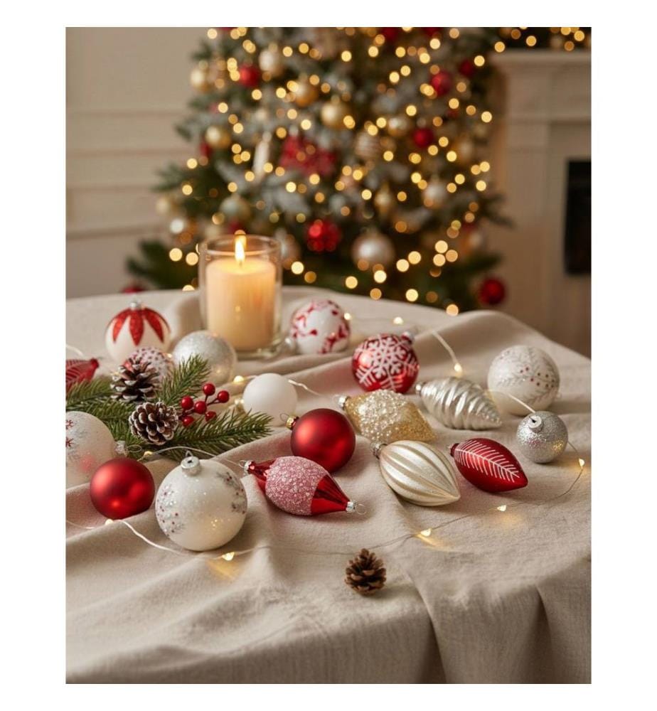 Weihnachtskugel 50er Set SNOWFLAKE Glas Rot / Weiss