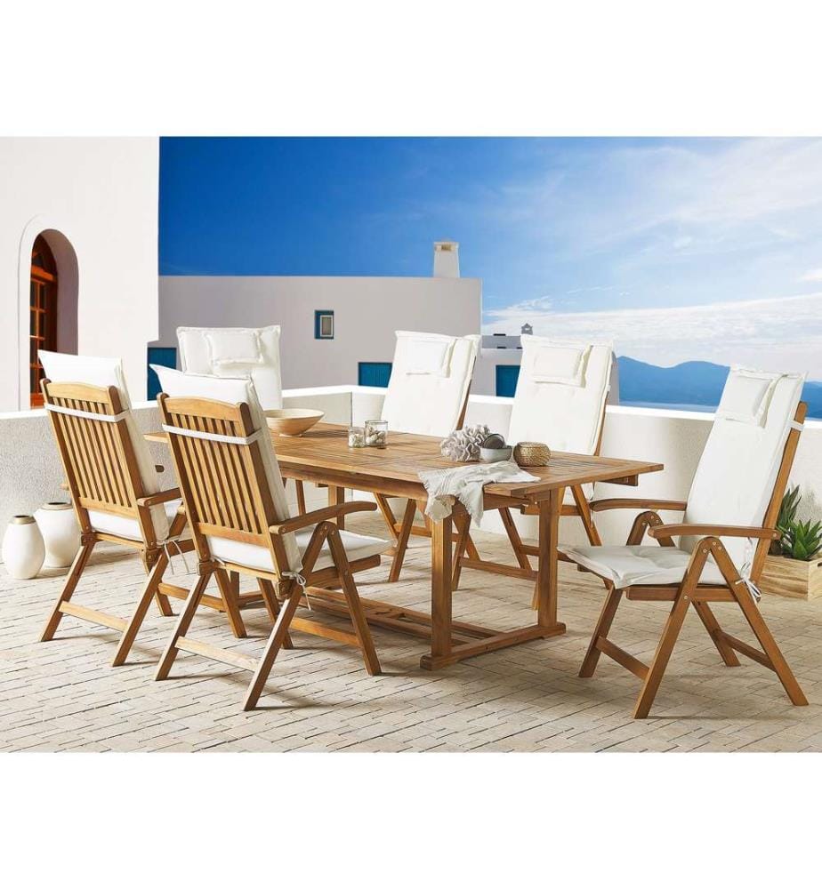 Set da pranzo da giardino 6 posti JAVA con cuscini Legno d'acacia Bianco sporco