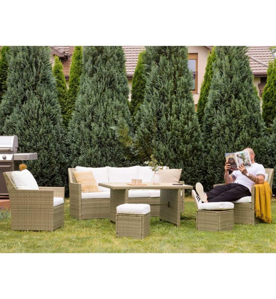 Set salotto da giardino con tavolo e pouf 5 posti FONTI con cuscini Marrone