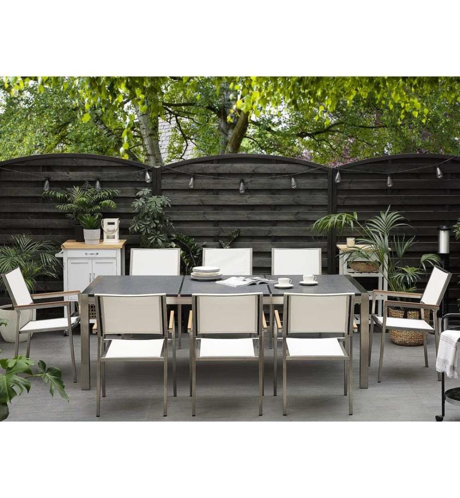 Gartenmöbel Set 8-Sitzer GROSSETO Dreifachplatte Granit geflammter Schwarz / Weiss