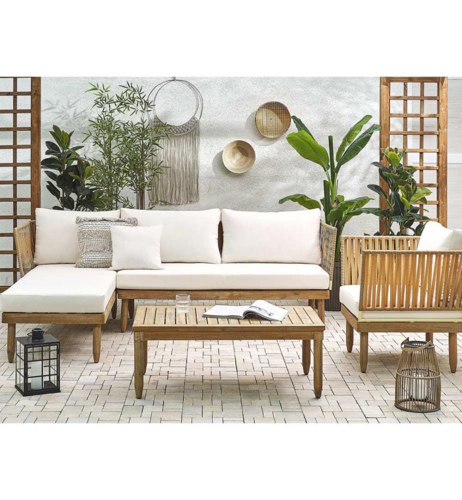 Lounge Set mit Tisch 4-Sitzer CREMONA rechtsseitig Akazienholz Cremeweiss