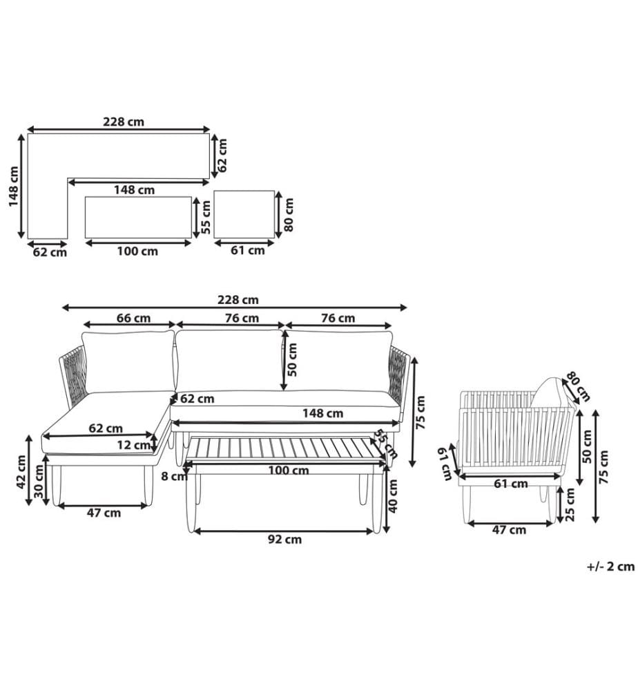 Lounge Set mit Tisch 4-Sitzer CREMONA rechtsseitig Akazienholz Cremeweiss