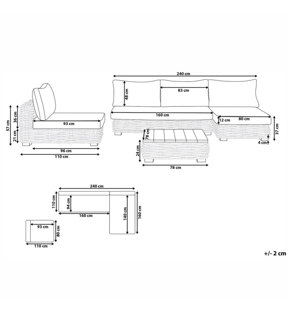 Lounge Set mit Tisch 4-Sitzer VARALLO rechtsseitig modular Rattan Naturfarben
