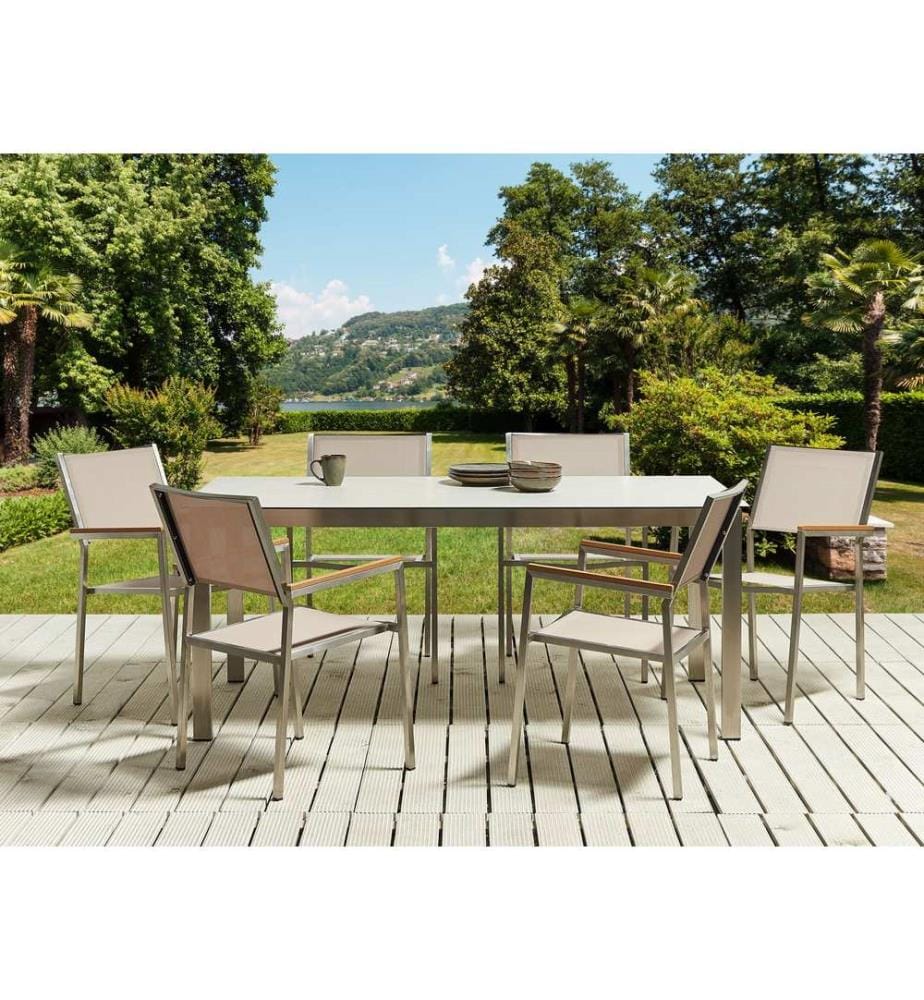 Gartenmöbel Set 6-Sitzer COSOLETO/GROSSETO Sicherheitsglas Marmor Optik Weiss / Beige