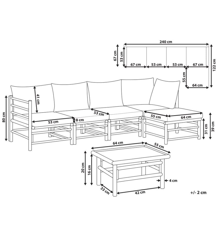 Garten Ecksofa mit Tisch 5-Sitzer CERRETO linksseitig Bambusholz Cremeweiss