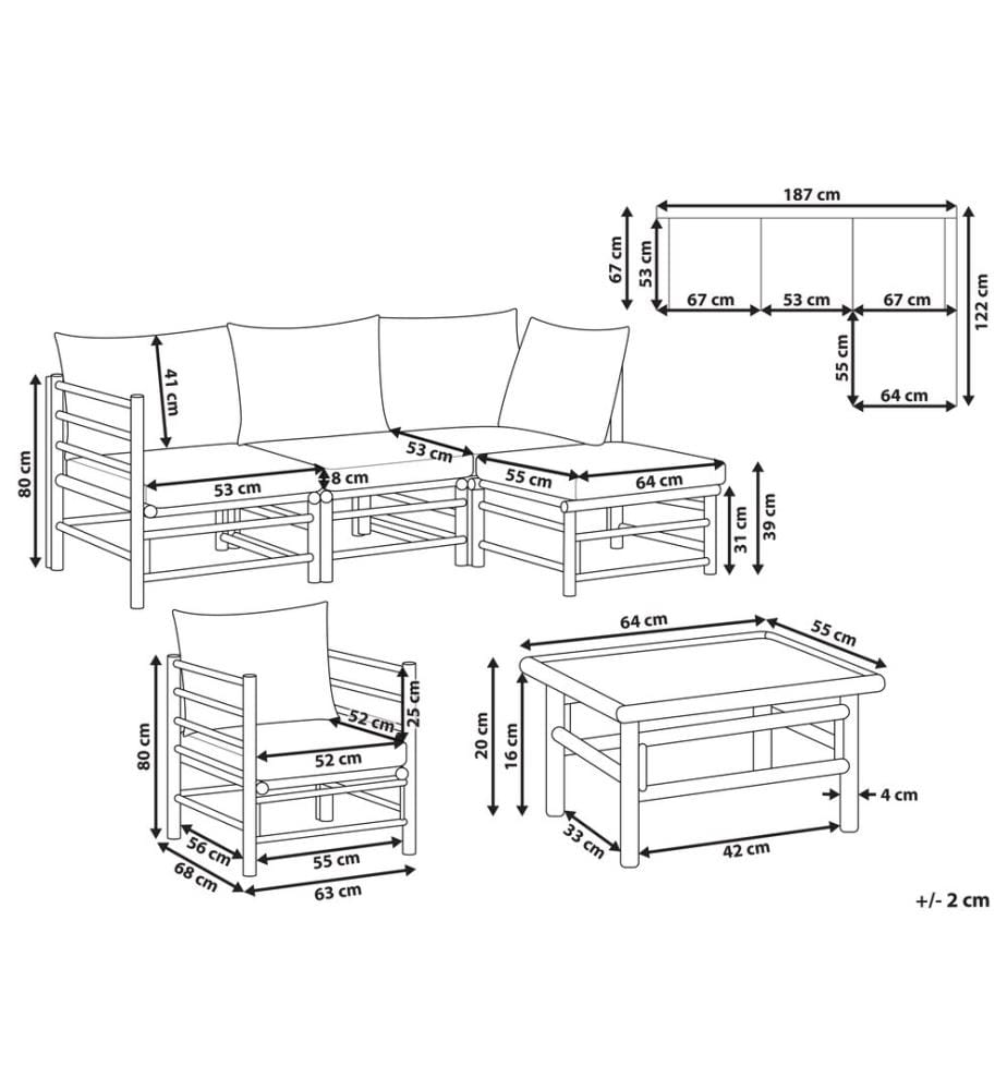 Lounge Set mit Tisch 5-Sitzer CERRETO linksseitig Bambusholz Taupe