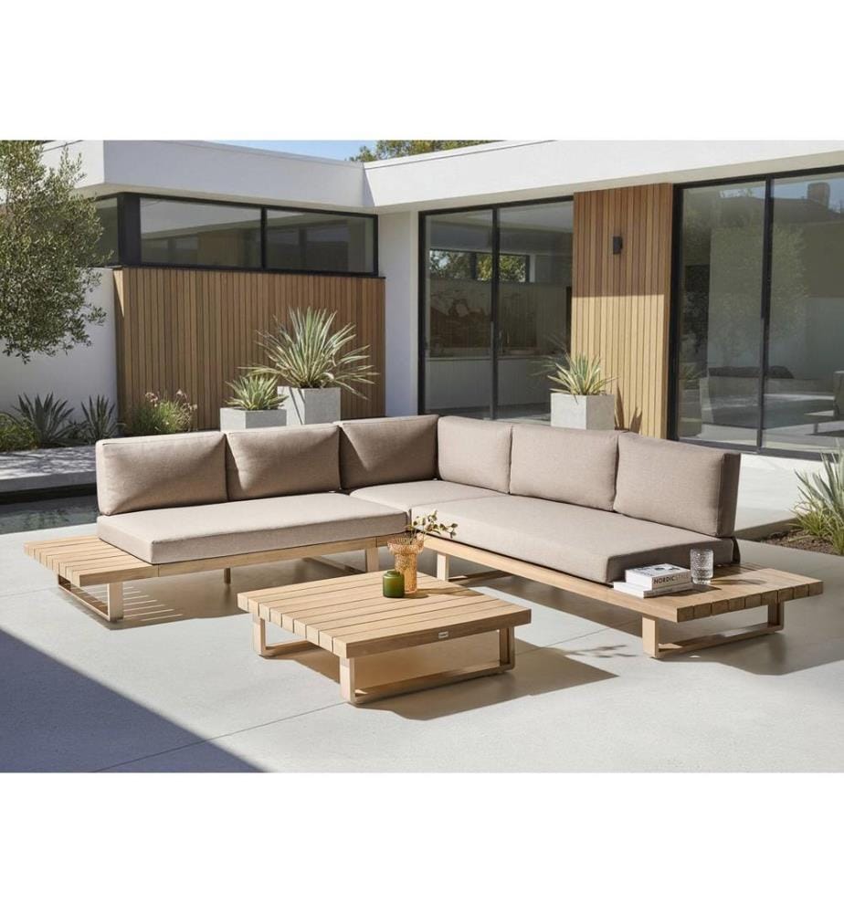 Garten Ecksofa mit Tisch 5-Sitzer MYKONOS rechtsseitig zertifiziertes Akazienholz Taupe