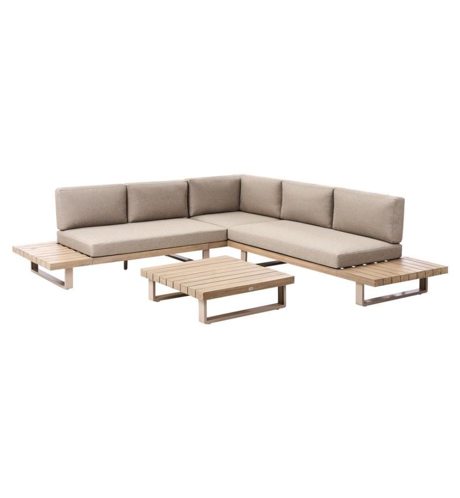 Garten Ecksofa mit Tisch 5-Sitzer MYKONOS rechtsseitig zertifiziertes Akazienholz Taupe