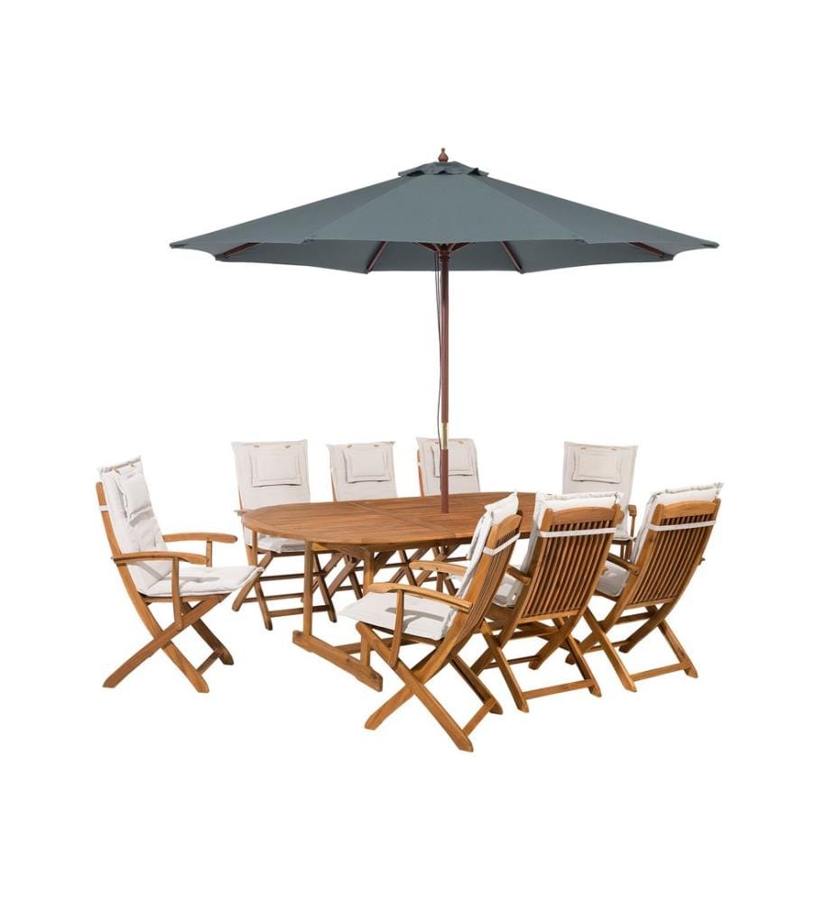 Gartenmöbel Set 8-Sitzer MAUI mit Schirm Akazienholz Cremeweiss