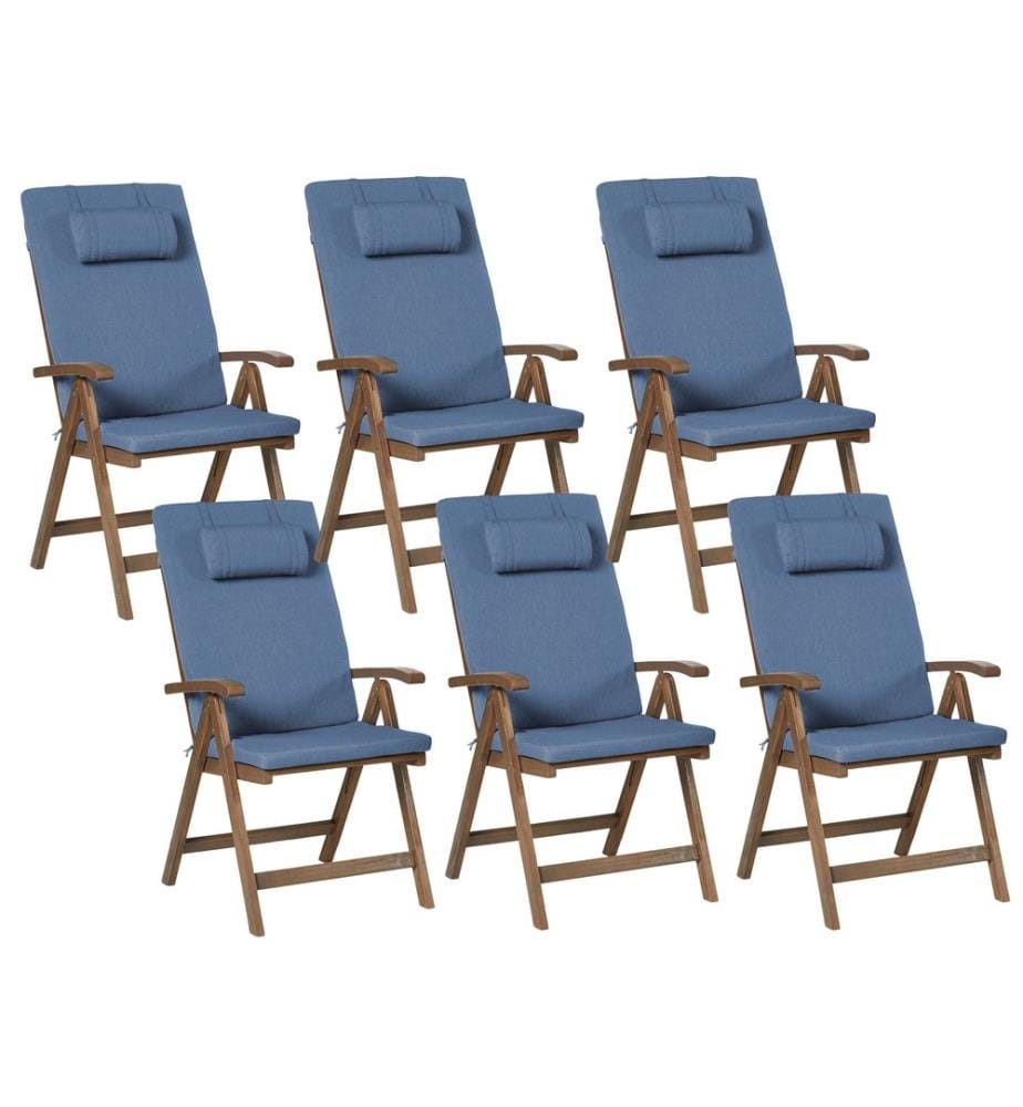 Set mit 6 Stühlen und Sitzkissen AMANTEA PREMIUM Akazienholz Blau