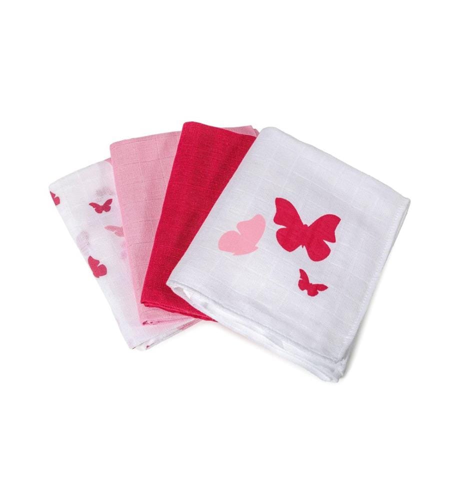 MAKIAN - Mulltuch 4-er Set 80 x 80 cm Rosa/Rot Schmetterling