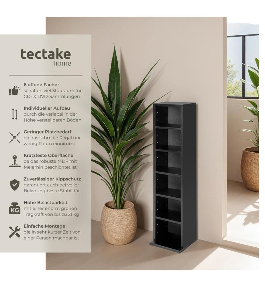 Scaffale per CD con 6 scomparti per 102 CD 90 x 21 x 20 cm - nero