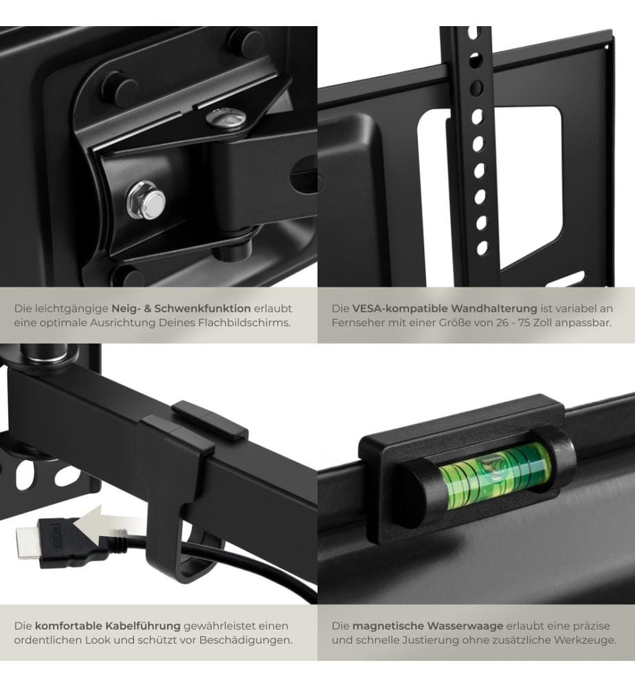 Supporto da installazione a parete per monitor 26-75" inclinabile girevole - nero