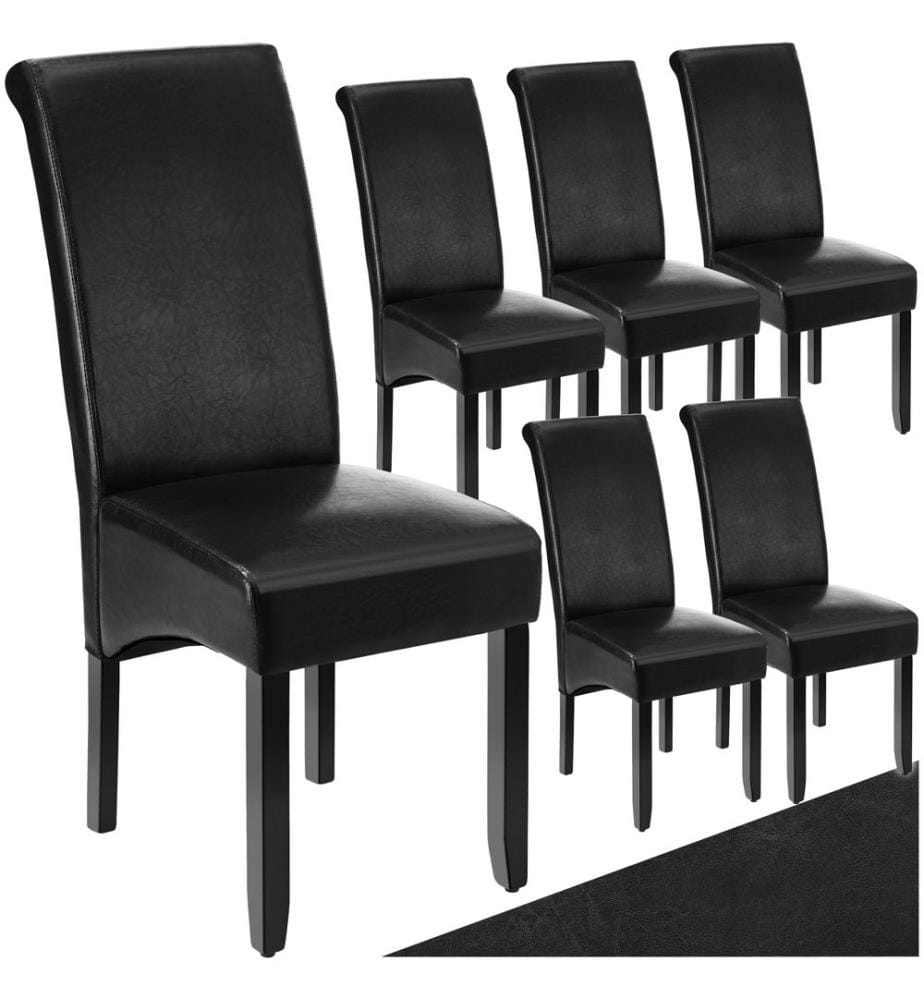 Dining Chair - ergonomic seat shape, high backrest, padded, faux leather - black, Set of 6