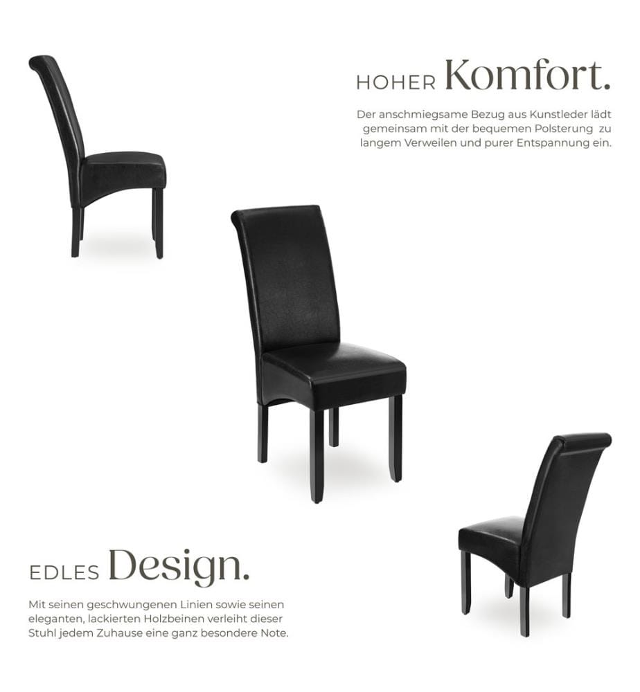 Dining Chair - ergonomic seat shape, high backrest, padded, faux leather - black, Set of 6