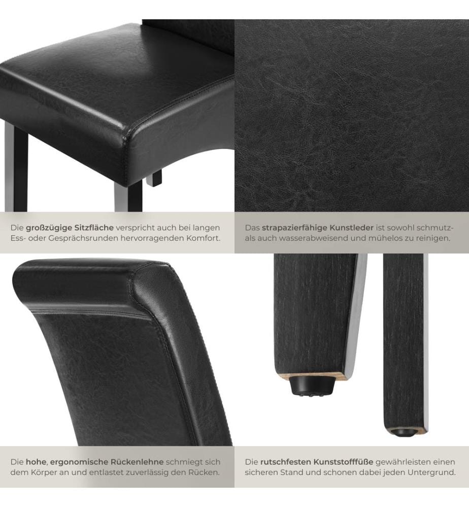 Dining Chair - ergonomic seat shape, high backrest, padded, faux leather - black, Set of 6