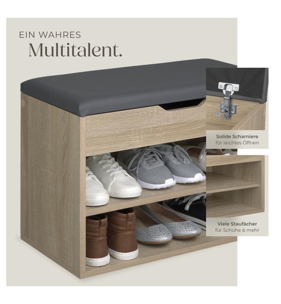 Banc à chaussures JASMINA avec coussin d'assise 60x30x43,5 cm - Bois clair, Chêne Sonoma