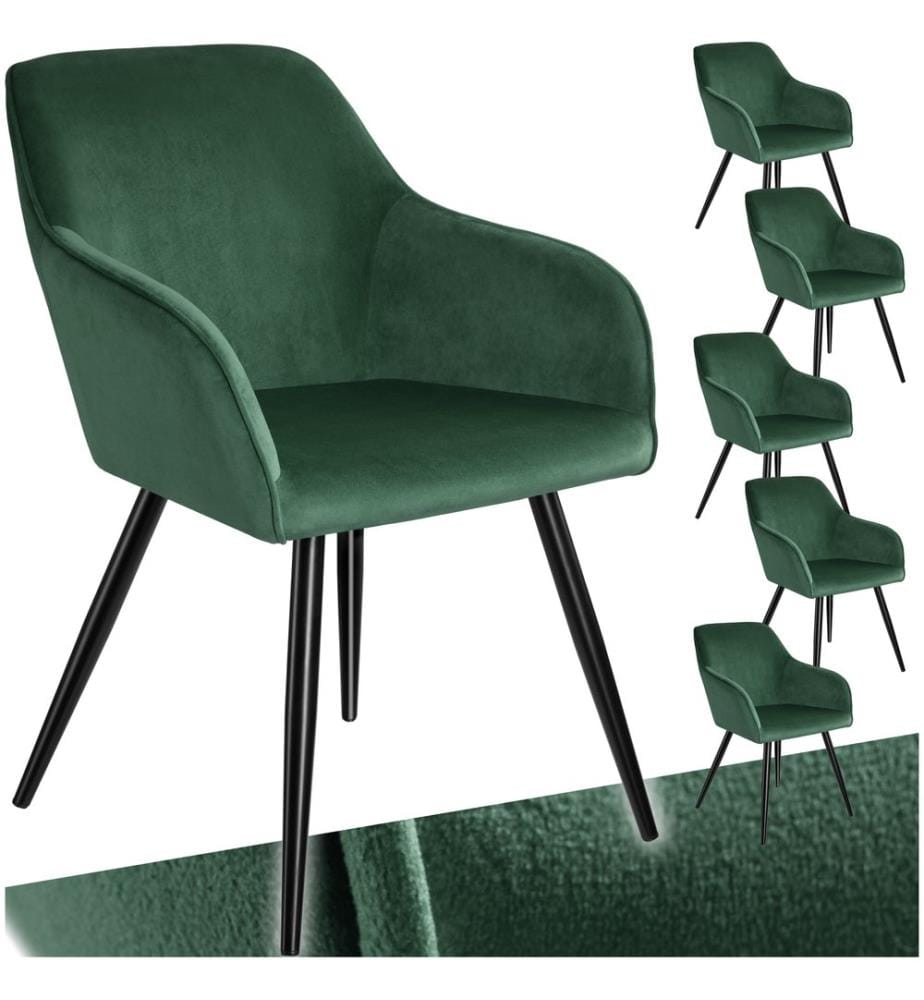 Dining Chair Marilyn - with armrests, padded, velvet look, black steel legs - dark green black, Set of 6