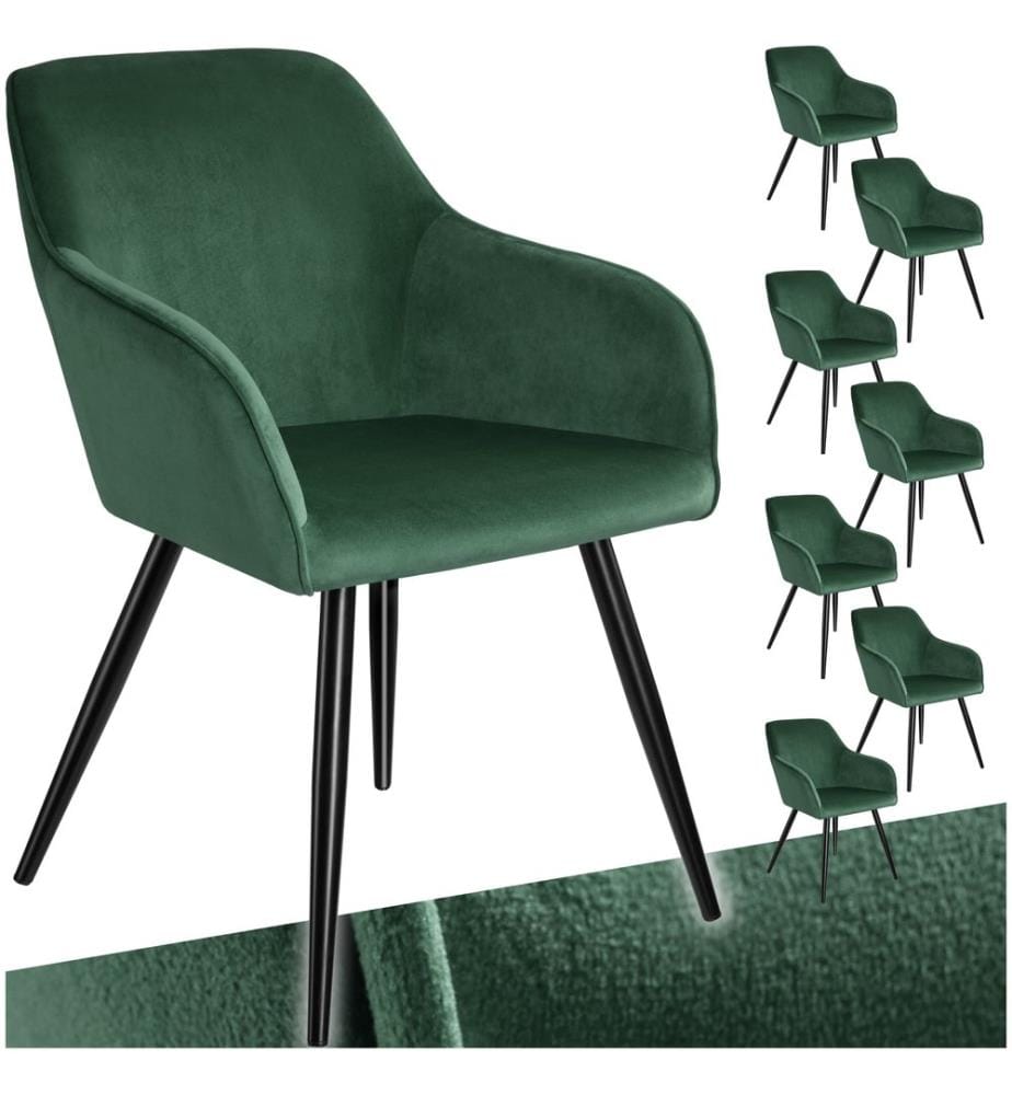 Stuhl Marilyn Samtoptik, schwarze Stuhlbeine - dunkelgrünschwarz, 8er Set