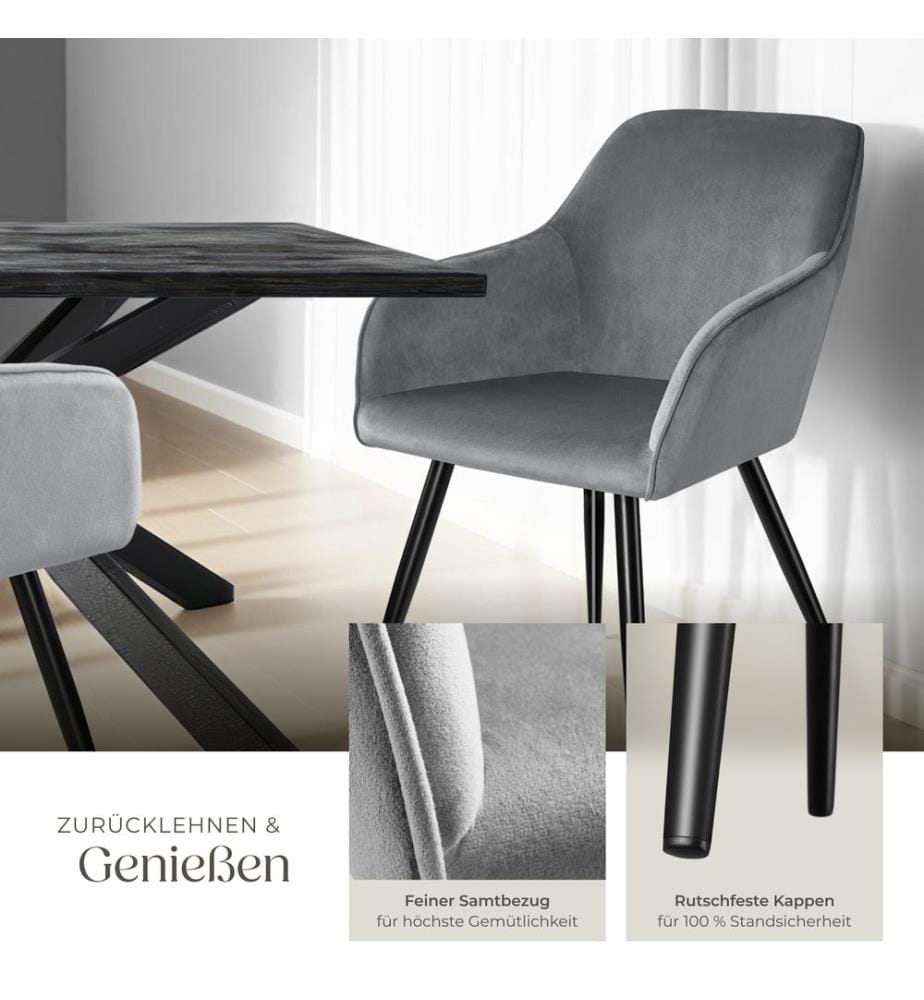 Stuhl Marilyn Samtoptik, schwarze Stuhlbeine - grauschwarz, 8er Set