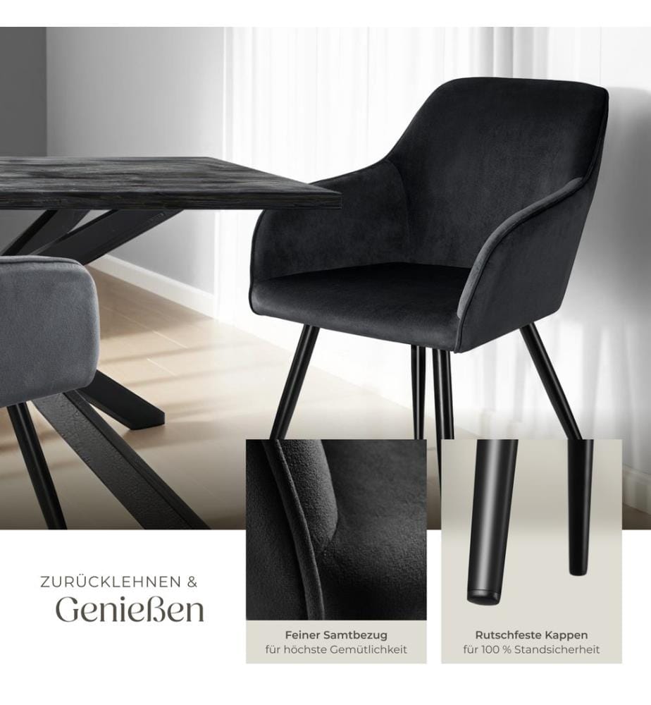 Stuhl Marilyn Samtoptik, schwarze Stuhlbeine - schwarz, 6er Set