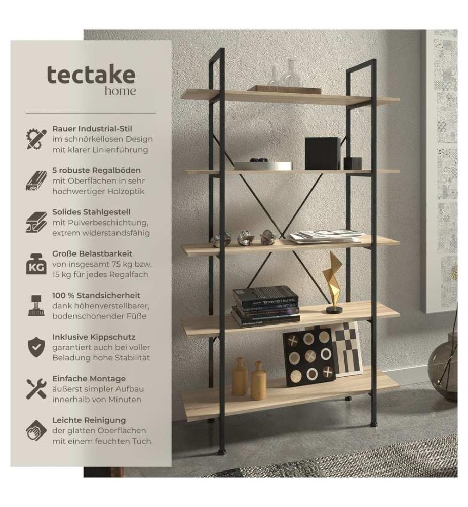 Regal Glasgow 106x34,5x179,5 cm - Industrial Holz hell, Eiche Sonoma