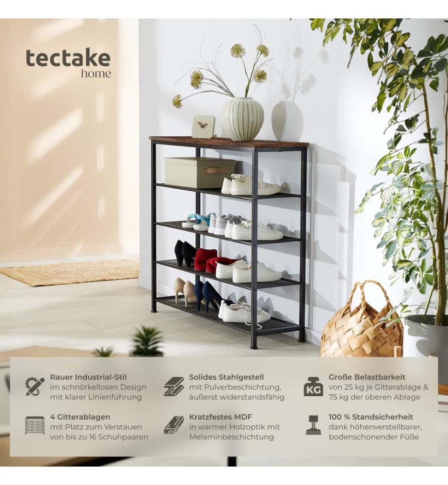 Schuhregal Sheffield 100x30,5x93 cm - Industrial Holz dunkel, rustikal